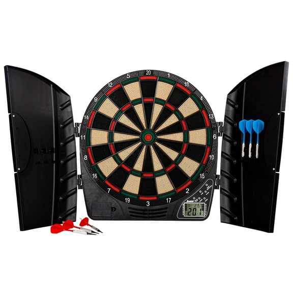 Franklin Sports Electronic Dart Board Set - Soft Tip Electric Dartboard with Digital Scoreboard   Cabinet - Adult Soft Tip Electronic Dart Board   Darts Set - (6) Darts Included - FS3000
