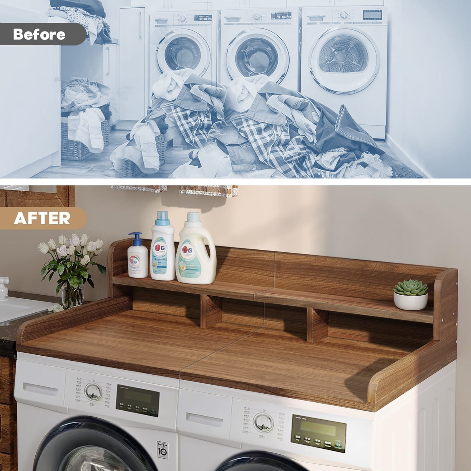 Washer Dryer Countertop with Non-slip Pads, Laundry Wood Shelf Topper with Edge, 54" Width x 27.5" Depth Double Layer Organizer for Washer and Dryer Laundry Hamper Counter Storage Organization (DW)