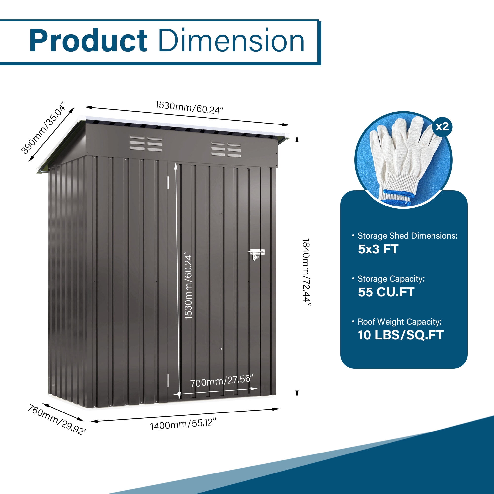 5X3 FTWeatherproof Metal Outdoor Storage Shed, Compact Tool Shed for Garden and Backyard, Lockable Door for Sundries(Base not included)