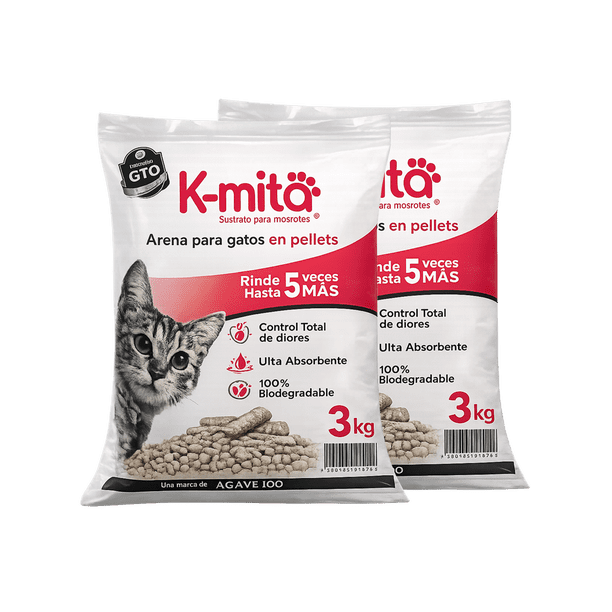 Kmita Premium - 6 kg (2 de 3 kg) - Arena para Gato en Pellets, 100% Natural – Biodegradable – Rinde 5 Veces Más - Cero Olores - Cero Polvo - Ulta Absorbente