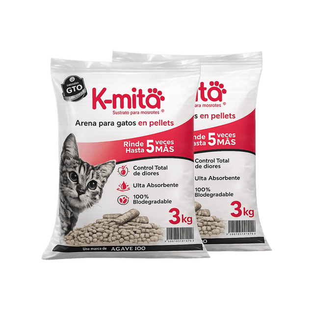 Kmita Premium - 6 kg (2 de 3 kg) - Arena para Gato en Pellets, 100% Natural – Biodegradable – Rinde 5 Veces Más - Cero Olores - Cero Polvo - Ulta Absorbente