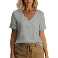 thumbnail image 2 of ClodeEU Women's Linen Blend V Neck Short Sleeve T-Shirt,Solid Color Casual Top Gray,Womens Plus L, 2 of 7