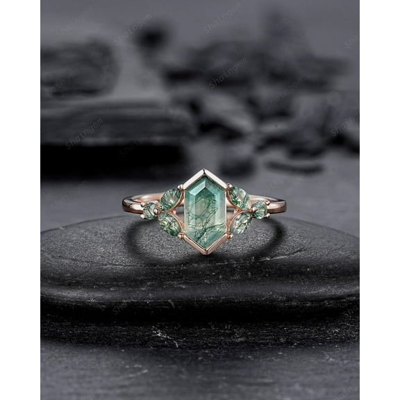 Hexagon Cut Cluster Moss Agate Engagement Ring, Silver Moss Agate Promise Ring, 14K Rose Gold Wedding Ring Anniversary Gift for her
