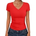 thumbnail image 2 of Summer Tops for Women 2026 Trendy Short Sleeve Tight Shirts Casual V Neck Fitted Blouse Y2k Western Basic Tees Red S, 2 of 5