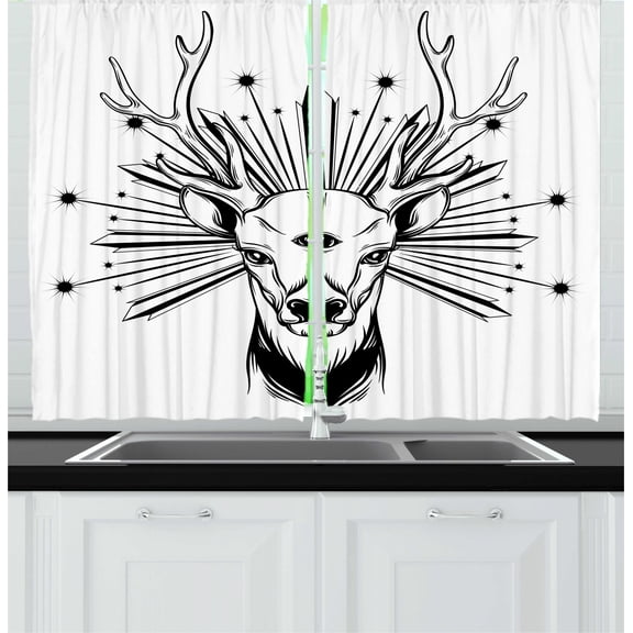 Deer Hunting Curtains 2 Panels Set, Monochromatic Elk Antlers Occult Third Eye Mystic Illustration, Window Drapes for Living Room Bedroom, 55"W X 39"L,Charcoal Grey and White, by Ambesonne