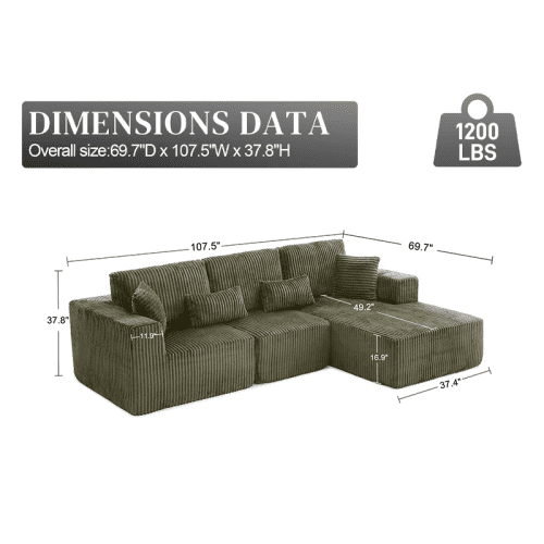 Howcool 108" Boneless Cloud Sectional Couches for Living Room, Comfy Fluffy L Shaped Memory Foam Deep Seat Boneless Couch, Modular Sectional Sofa with Right Facing Chaise, Green