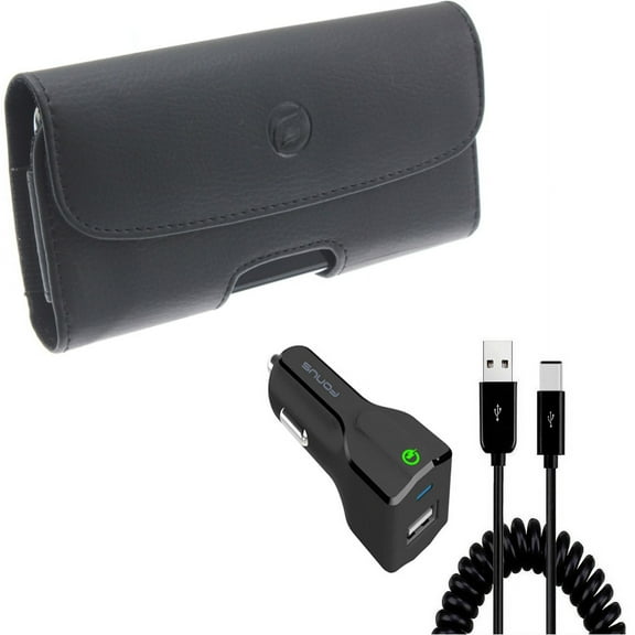 Car Charger & Case Belt Clip for iPhone 15 Pro - 18W Fast USB Port Coiled Cable Type-C and Leather Holster Cover Pouch J5W for iPhone 15 Pro (6.1")