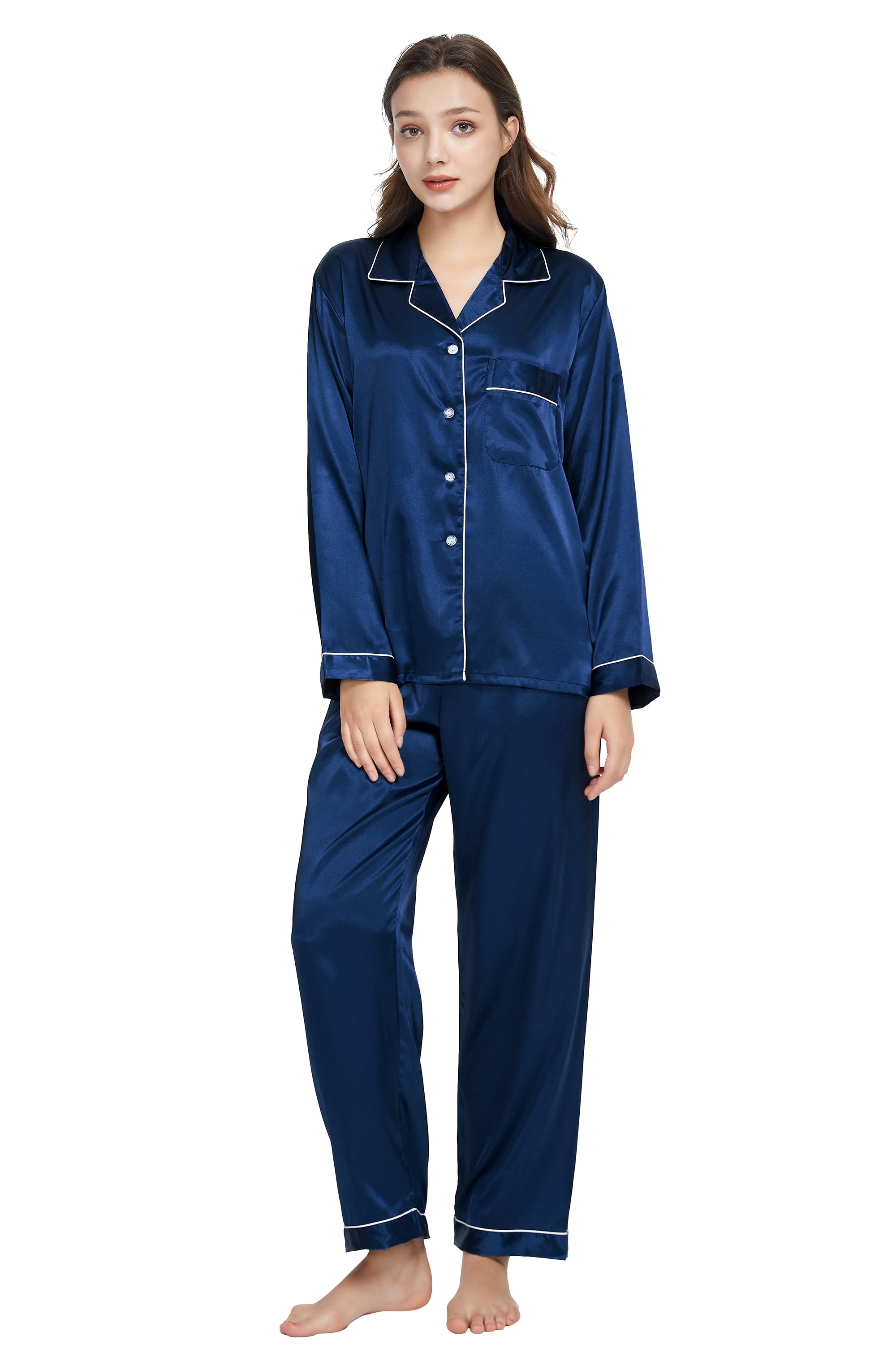 Women’s Blue Romance Silk Pajama Set with Piping, M