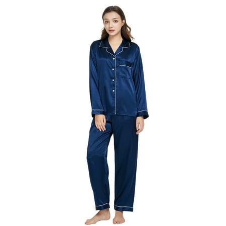 

Tony & Candice Women s Classic Satin Pajama Set Adult Sleepwear (XL Navy Blue with White Piping)