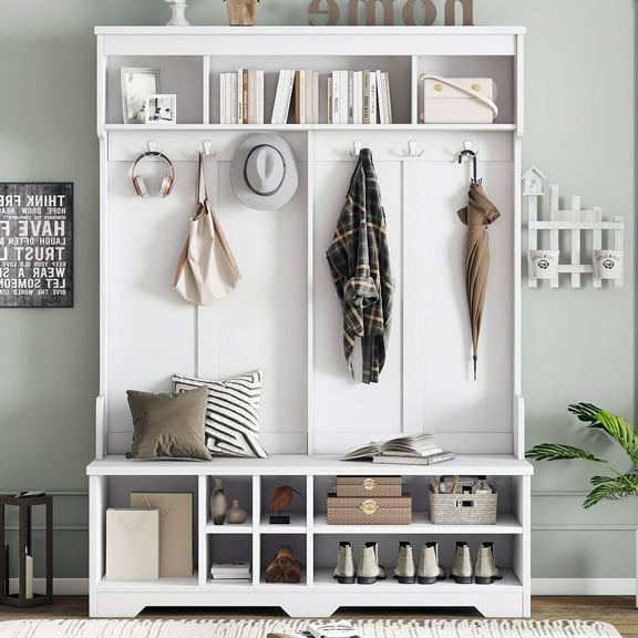 S-HOME MDF Hall Tree with Finish, 6 Hooks and Shoe Storage Compartment for Organized Hallway Space, White