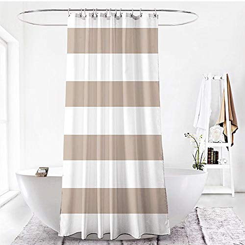 Jasion Shower Curtain Set Beige White Stripes Waterproof Fabric Bathroom Curtains Home Bath Decor with 12 Hooks 72 X 72 Inches