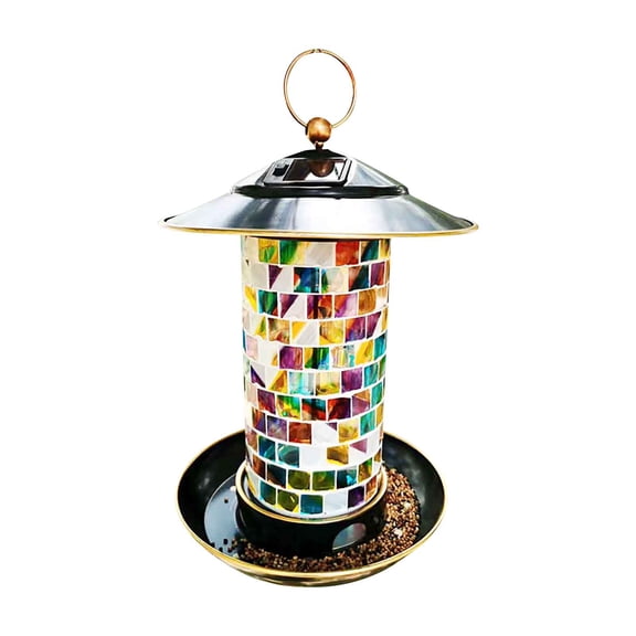 Solar Bird Feeder Square Mosaic Style, LED Light Up Hanging Feeder, Outdoor Waterproof for Garden Yard Patio Night Decor