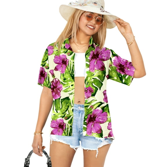 LA LEELA Women's Button Down Blouses Casual Summer Beach Party Short Sleeve Blouse Shirt Floral Blouses Shirts Hawaiian Dresses for Women S Monstera Leafs, Multicoloured