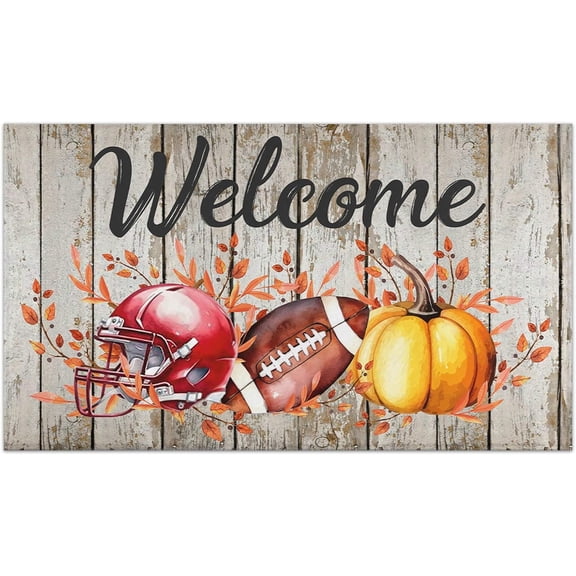 Fall Football Door Mat Outdoor Entrance Rug Non-Slip Pumpkin Front Door Mats Fall Decorations for Home Low-Profile Autumn Welcome Doormat for Indoor Outdoor Thanksgiving Decor 17"x30"
