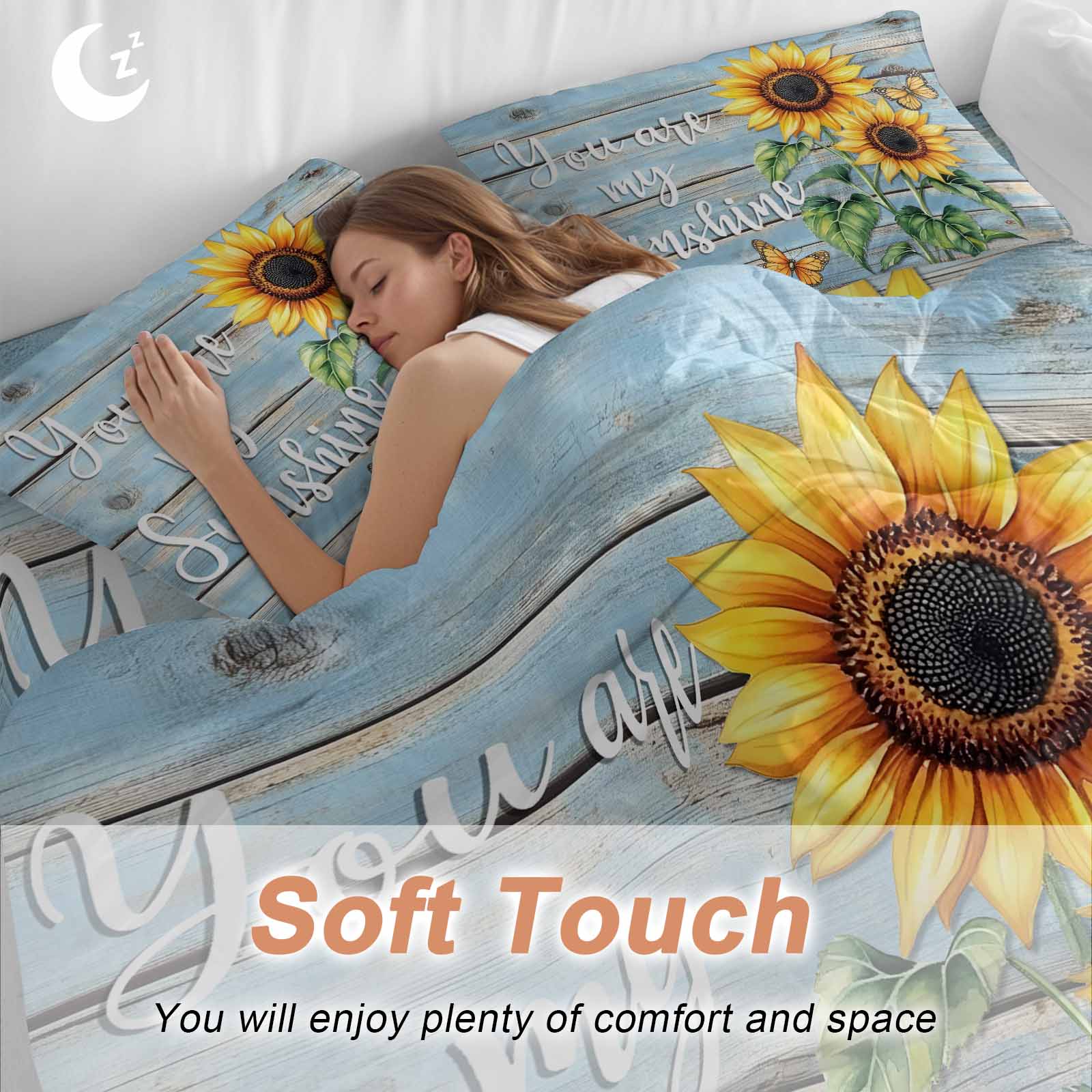 Vintage Sunflower Bedding Duvet Cover Set King 4 Pieces You Are My Sun Shine Butterfly Blue Wood Board Bedding Set with Zipper Closure,1 Comforter Cover 92x106 Inches 1 Flat Sheet & 2 Pillow Cases