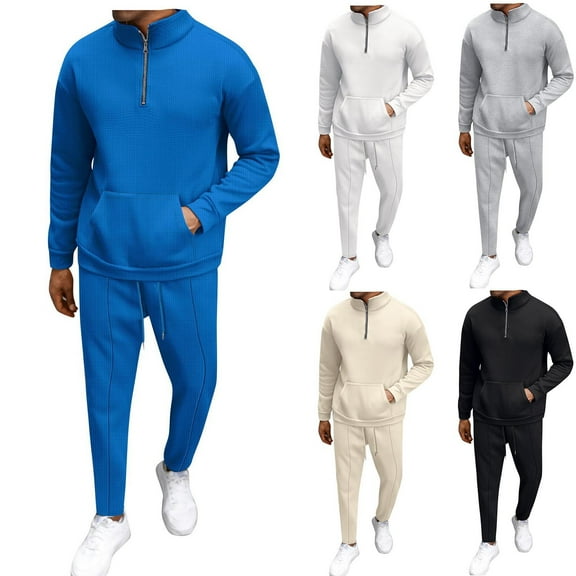 safuny Men Tracksuit Out 2-Piece Set Long Sleeve Waffle Quarter Zipper Shirt Pants Fashion Set Pockets Sweatsuits Spring Outfits Cotton Black L