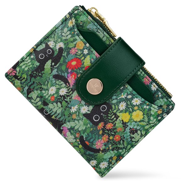 Billetera Sunpour Gato y Floral con Bloqueo RFID, tipo Bifold, de Cuero Vegano