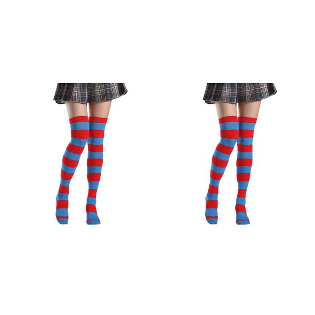 Qarigey Paquete de 2 calcetines a rayas de talla grande hasta el muslo, elasticidad, transpirabilidad, moda única, calcetines sin manguera, rojo azul a rayas 2piezas
