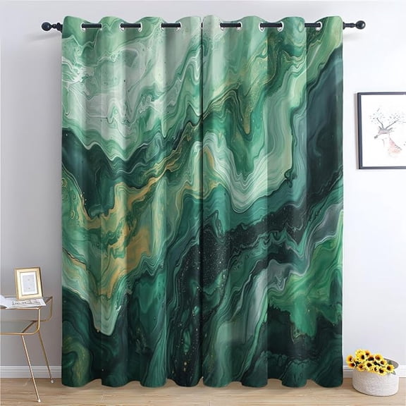 Marble Curtains For Bedroom Living Room, Emerald Green Blackout Curtains & Home Decor, Modern Abstract Window Curtains, Thermal Room Darkening Grommet Drapes 26"W x 45"L (Pack of 2)