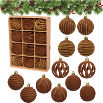 Bxaolu Velvet Christmas Ornaments Set, 12PCS Flocked Shatterproof Hanging Xmas Tree Ball Decorations, Home Party Holiday Valentines Day Decor (Brown, 2.36")