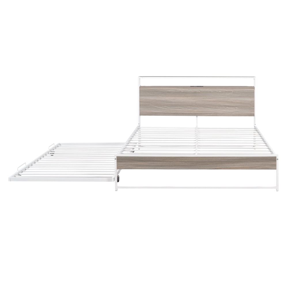 Leumius Queen Size Metal Platform Bed with Trundle and Outlet & USB Ports,Metal Bed Frame with Wooden Storage Headboard & Storage Shelf,White