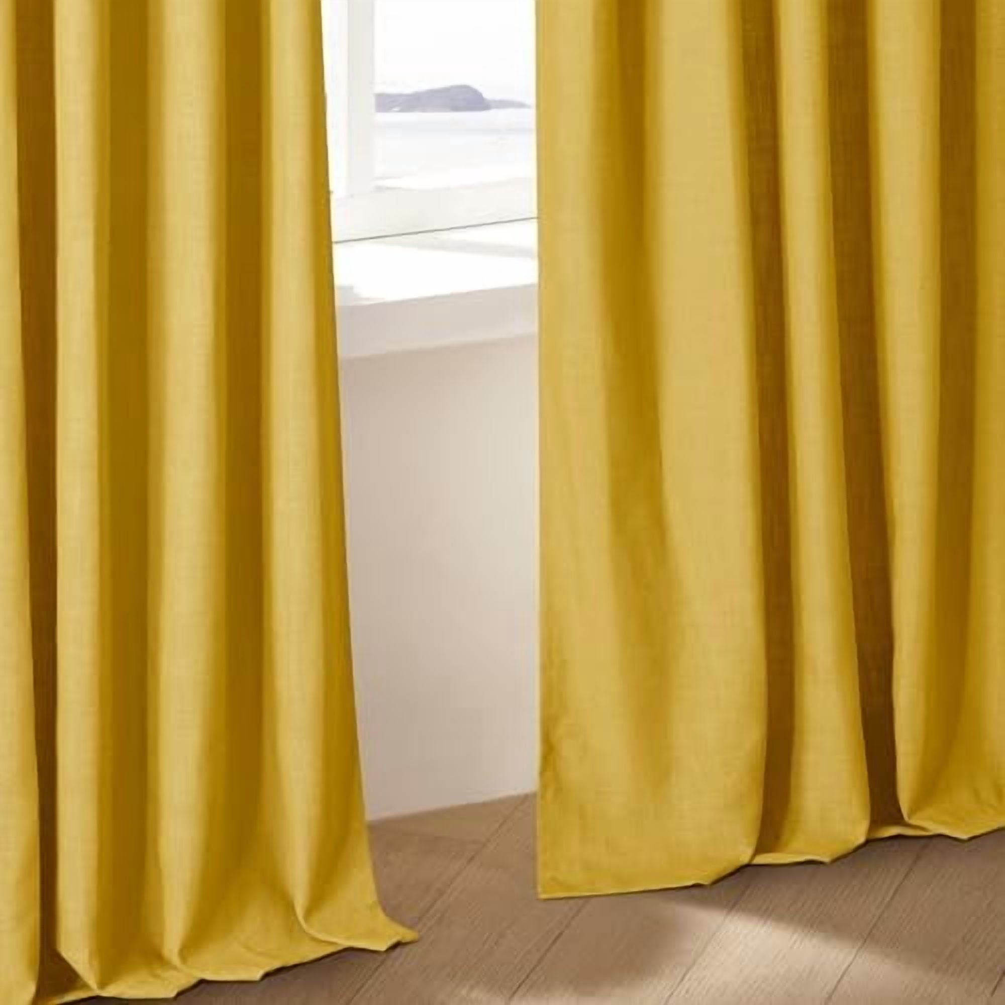 Mustard Yellow 90 Inch Linen Curtains Pinch Pleated for Living Room Bedroom Dining Boho Light Filtering Pinch Pleat Drapes Hooks Rings Back Tab Semi Sheer Gold Harvest Spring Window Curtains 2 Panels