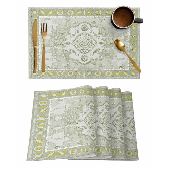 Placemats Set of 8, Sage Green Woven Placemat, Linen Place Mats for Kitchen/Dining Tables, Boho Retro Decorative Abstract Floral Ethnic Washable Table Mats for Party