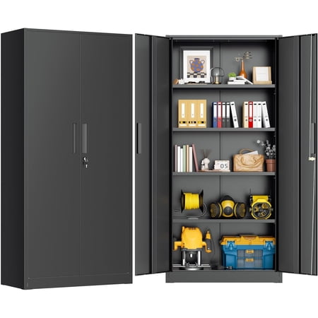 SOLAURA 71" H Metal Storage Cabinet, 32" W x 16" D Locking Metal Garage Storage Cabinet with Doors and 4 Adjustable Shelves, Lockable Cabinets for Home Office, Garage, Shop (Black)