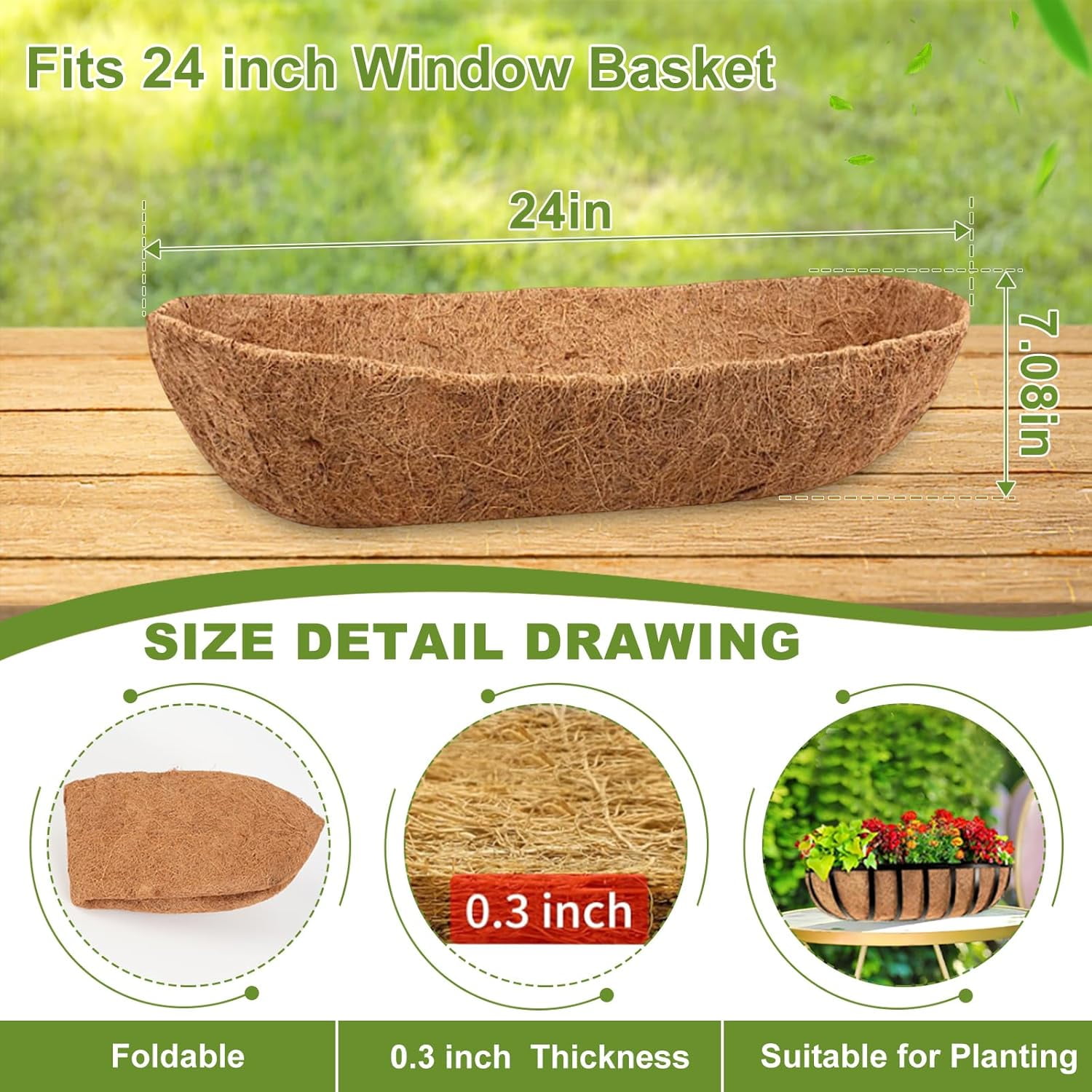 2 Pack 24 inch Coconut Liners for Planters, Trough Coco Coir Liners Coconut Coir Replacement Liner Coco Fiber Window Box Liners for Wall Planter