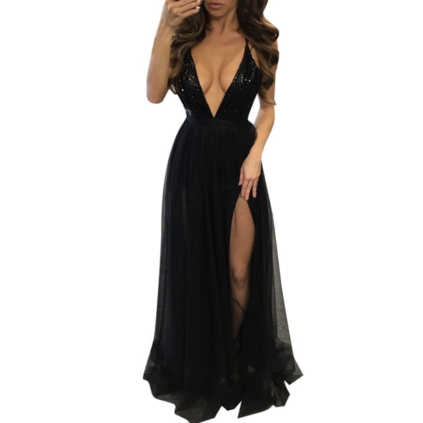 Gibobby Vestido de noche mujer Vestido de noche de línea A sin espalda con lentejuelas y panel de malla para mujer(Negro,M)
