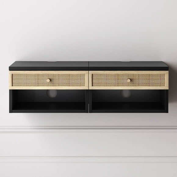 Nathan James Jackson Modern Floating Bedside Nightstand with Drawer Set of 2 Black/Rattan - Set of 2