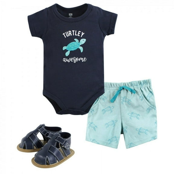 Hudson Baby Infant Boy Cotton Bodysuit, Shorts and Shoe Set, Sea Turtle, 0-3 Months