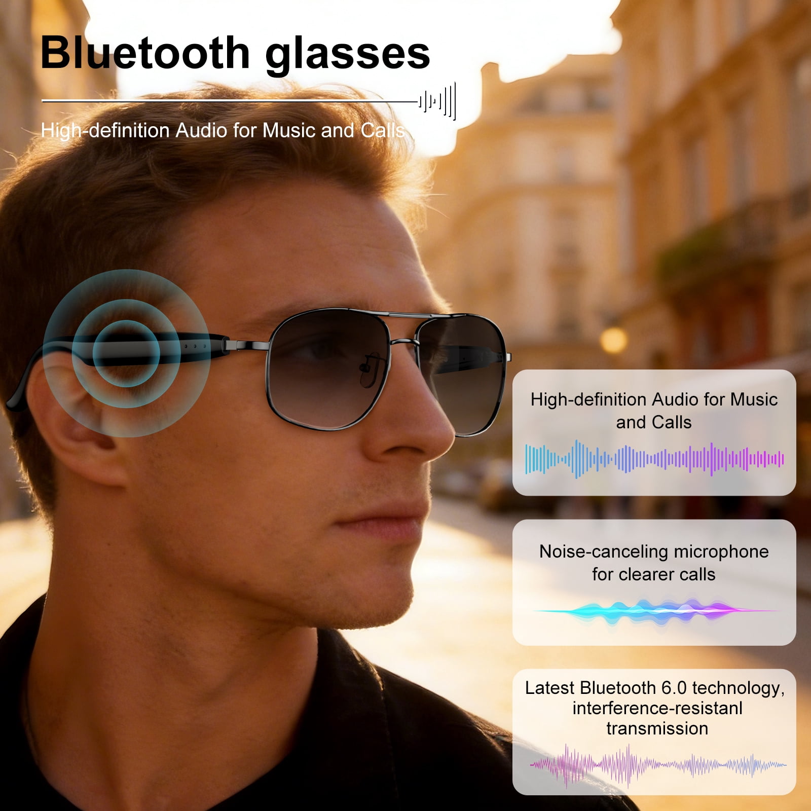 LUOMATE Smart Glasses with Bluetooth Audio, Sunglasses with Voice Assistant, Open Ear Speaker, LensTouch Control for Travel Work Business (Black)