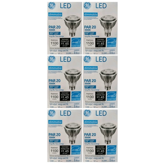 (6 bulbs) GE 38130 LED PAR20 Flood Light, 1100 Lumens, 3000K, 35 degree beam angle, Dimmable, 12 watts, 15000 hours, energy star