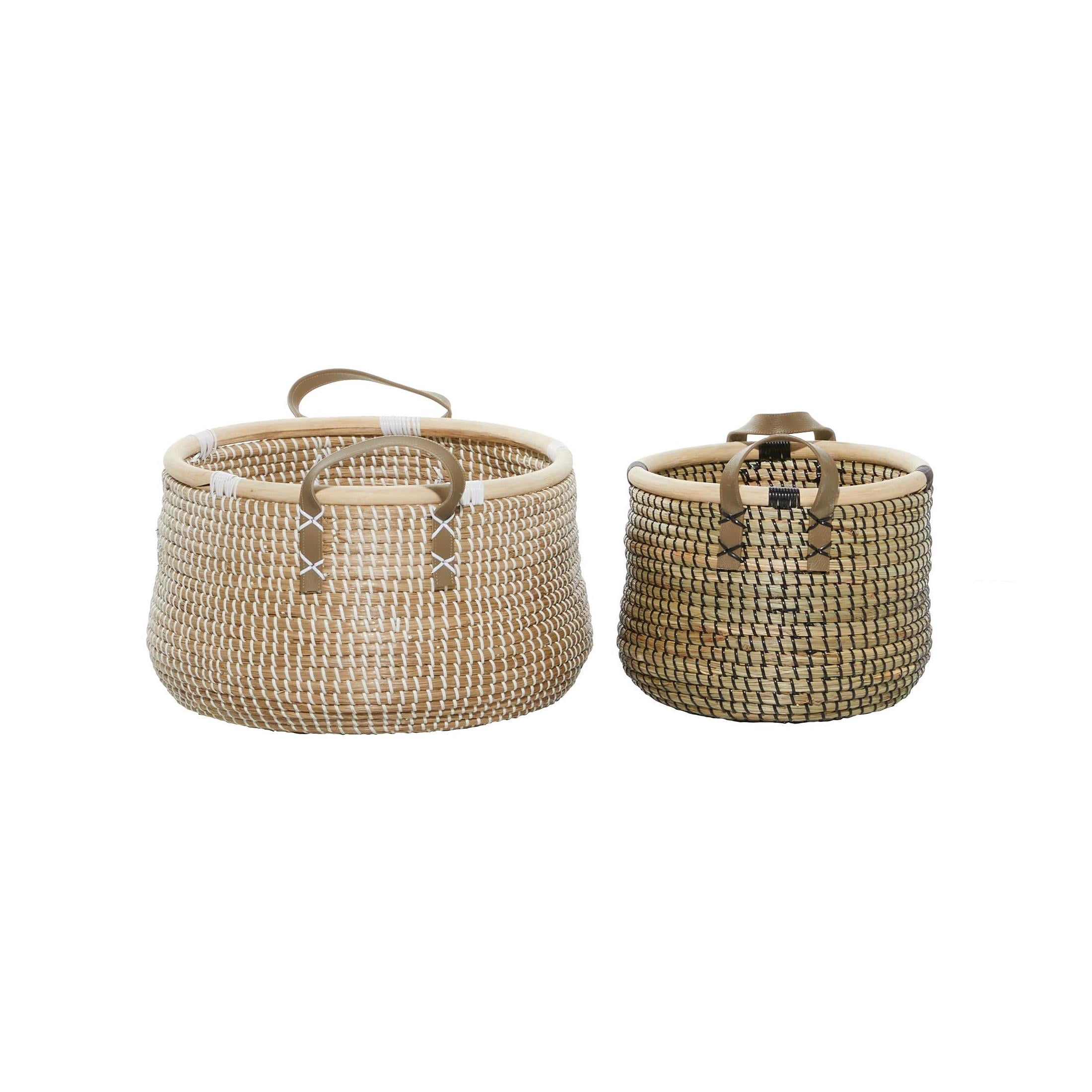 DecMode 13", 18"W Brown Banana Leaf Handmade Storage Basket with Handles, 2-Pieces