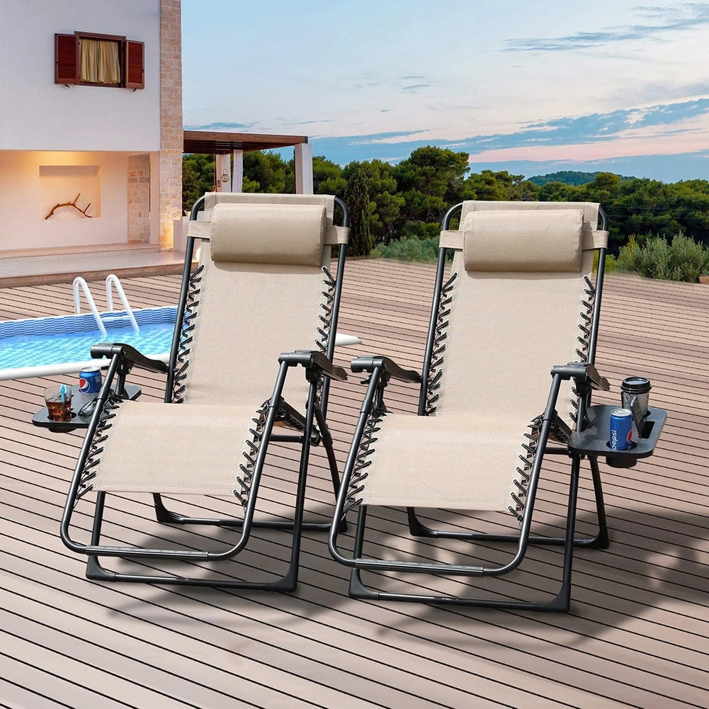 Kepooman Outdoor Adjustable Zero Gravity Folding Reclining Lounge Chair with Pillow & Side Table - Set of 2, Beige Kepooman Outdoor Adjustable Zero Gravity Folding Reclining Lounge Chair with Pillow & Side Table - Set of 2, Beige