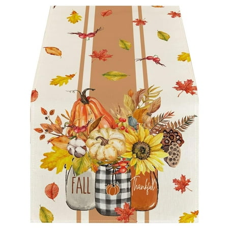 

Autumn Thanksgiving Ambience Decor Polyester Tablecloth With Pumpkin And Maple Leaf Print