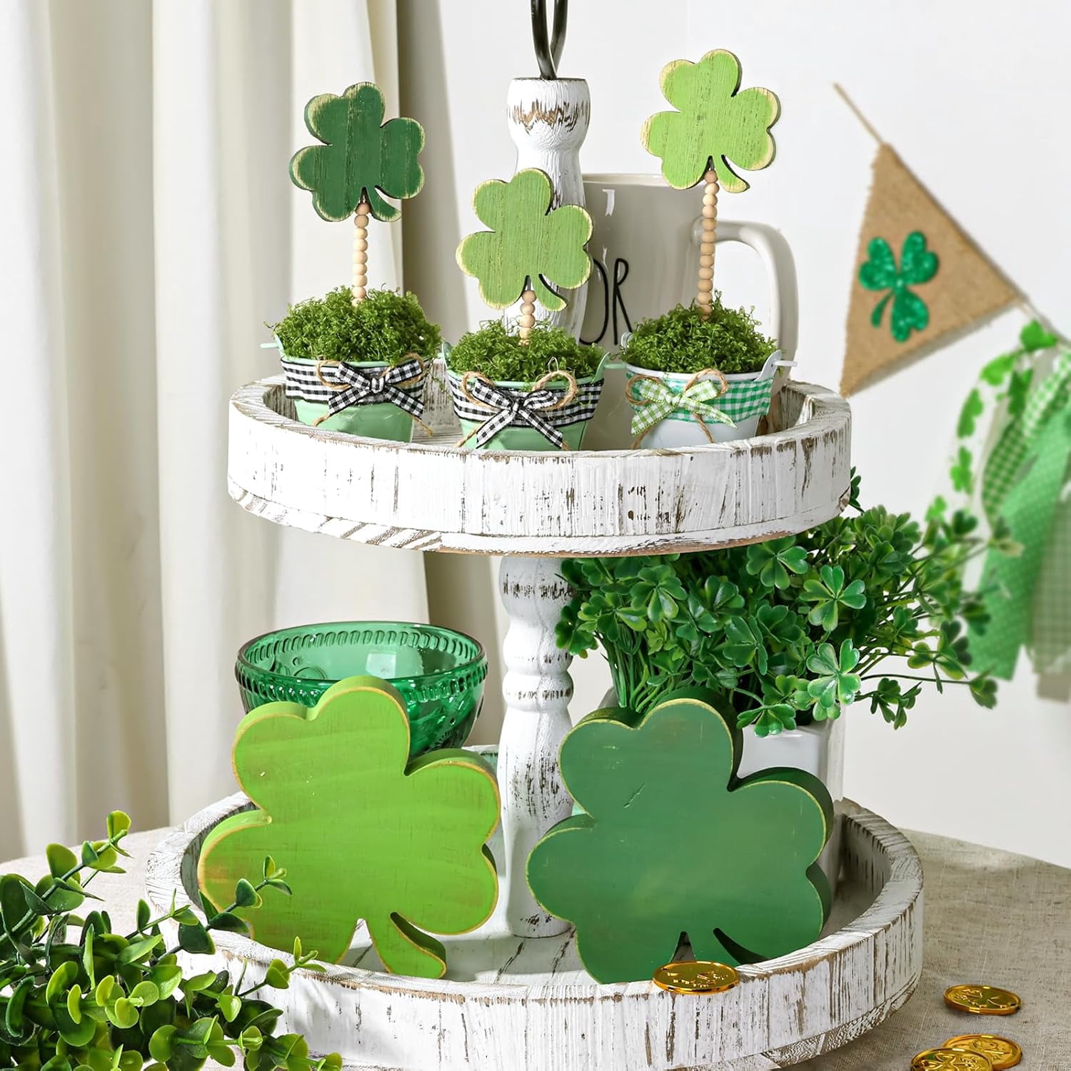 3pcs Lucky Shamrock Artificial Potted Plants, Wooden Sign on Stand, Fake Moss Freestanding Wood Table Decorations, St. Patrick's Day Decor for Gift, Desk, Party, Home
