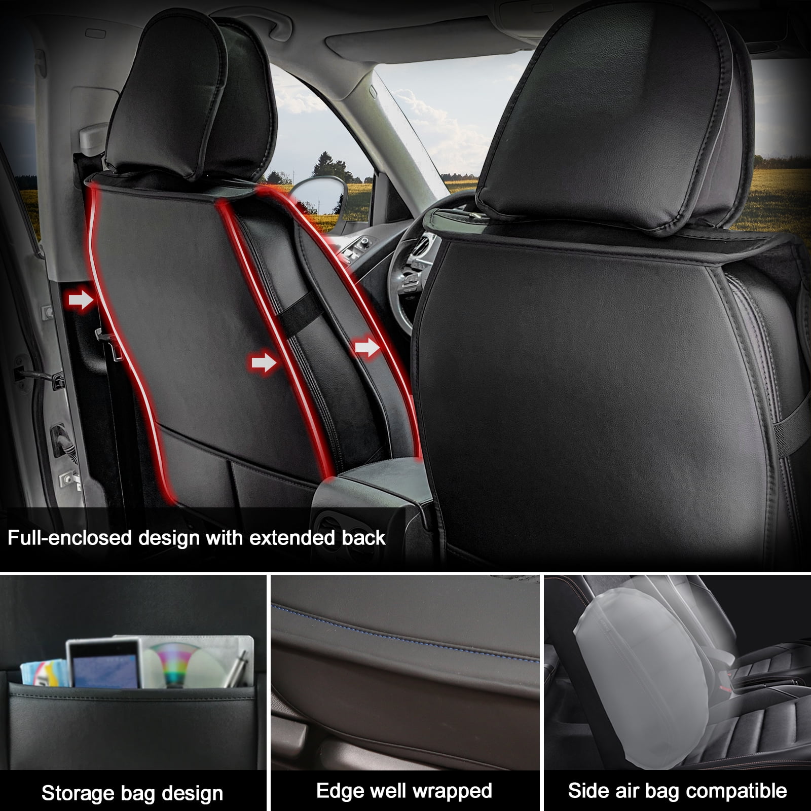 Ikon Motorsports Universal Car Seat Covers 04 Style Black PU Leather Front Second Row Auto Seat Cover Cushion Protectors 5-Seat Full Set