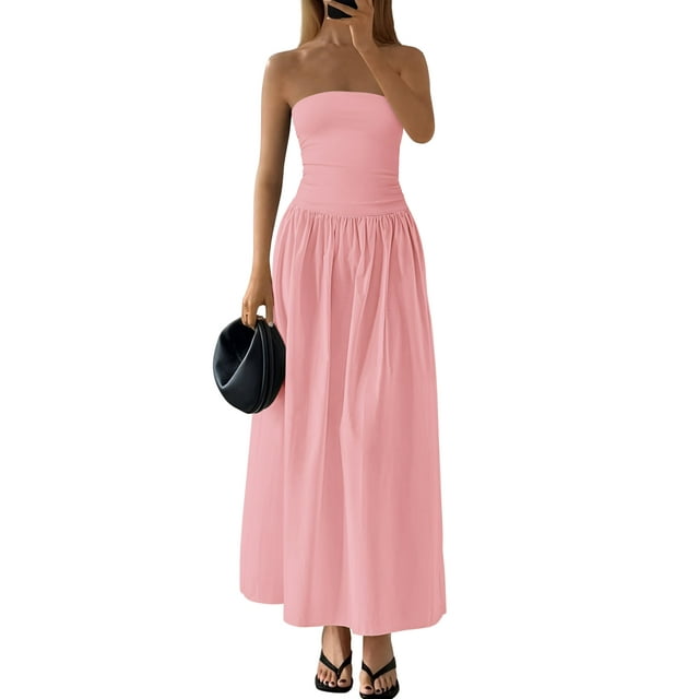 Vestido largo PRETTYGARDEN para mujer, verano, sin tirantes, línea A, rosa