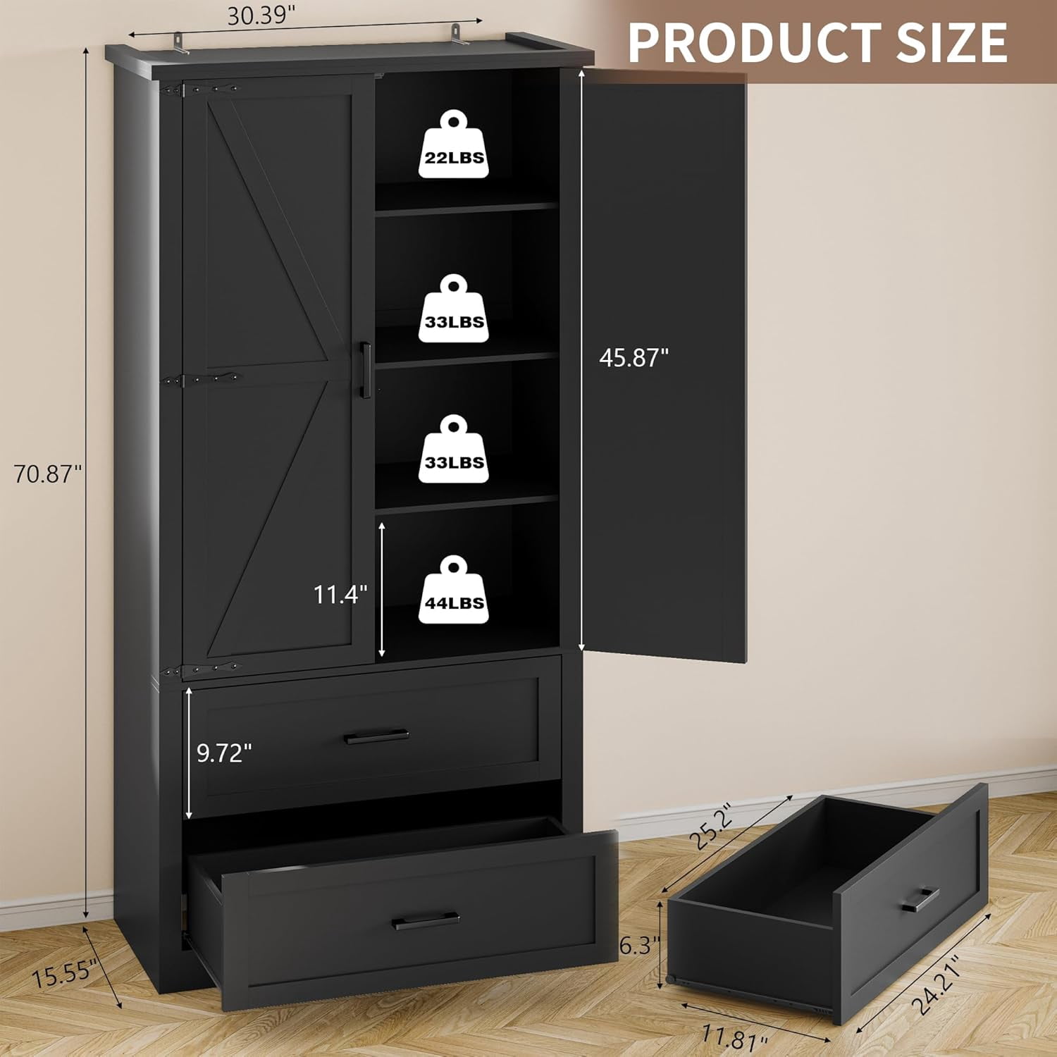 FANRAL 71” Tall Pantry Organizers and Storage Cabinet with Barn Doors & Drawers,Adjustable Shelf for Kitchen Dining Room Living Room Bathroom Office,Black Pantry Cabinet