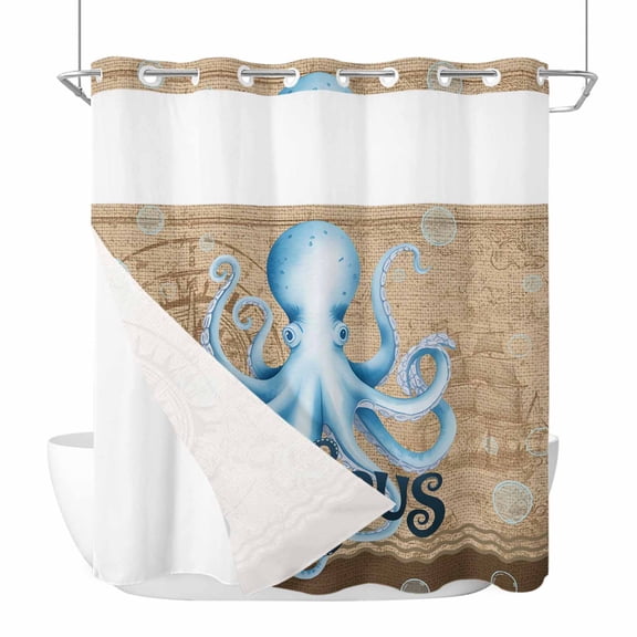 No Hook Shower Curtains with Snap-in Liner Set, Vintage Octopus Waterproof Hotel Style Bathroom Shower Curtain, Brown Nautical Anchor Bubbles Coastal Breathable Mesh Top Bath Curtains 72''x72''
