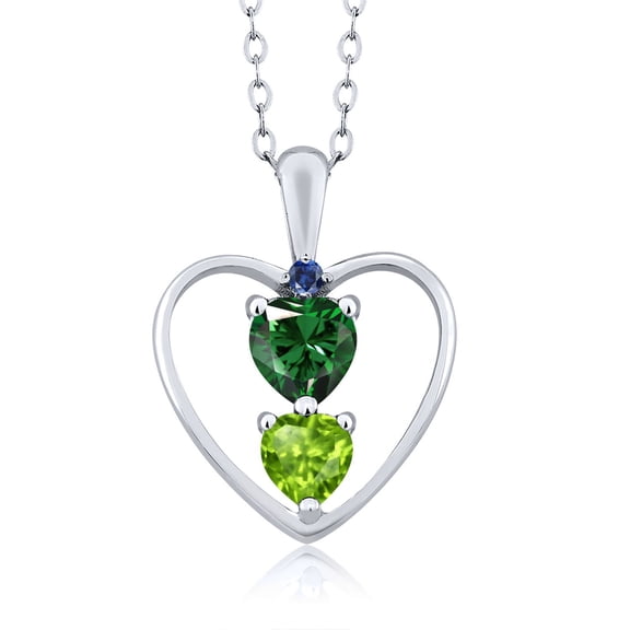925 Sterling Silver Green Nano Emerald Green Peridot and Blue Created Sapphire Pendant Necklace for Women (0.81 Cttw, Gemstone May Birthstone, Heart 5MM and 4MM, with 18 inch Silver Chain)