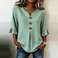 thumbnail image 3 of TGSLY Striped Tops for Women Trendy Casual Notched V Neck 3/4 Ruffle Sleeve Blouses Relaxed Fit Dressy Decorative Buttons Shirts XL, 3 of 6