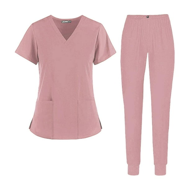 Unisex Scrub Set Enfermería Cuidado de la salud Terapeuta Enfermera Uniforme Suelto acogedor Rosa Yuyangstore Pantalones superiores