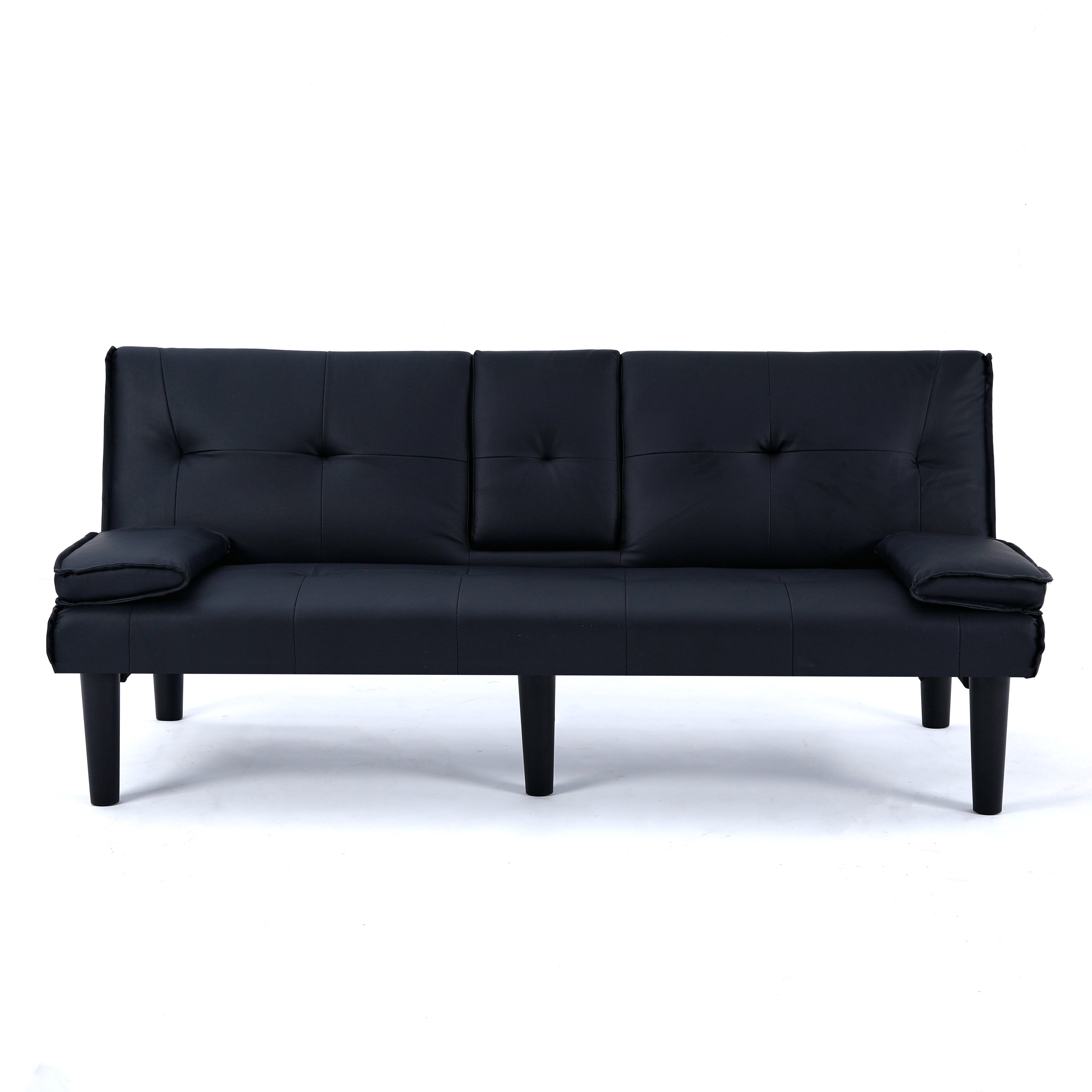 BSHTI 67-inch Foldable Futon Sleeper with S-Spring Support, 2-Seater Convertible Sofa Bed, PVC Faux Leather, Simple Assembly, Black