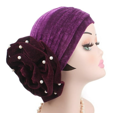 Fancyleo Muslim Women Pearls Beaded Velvet Big Flower Turban Hijab Hat Scarf Head Wrap Beanie Cap Funny