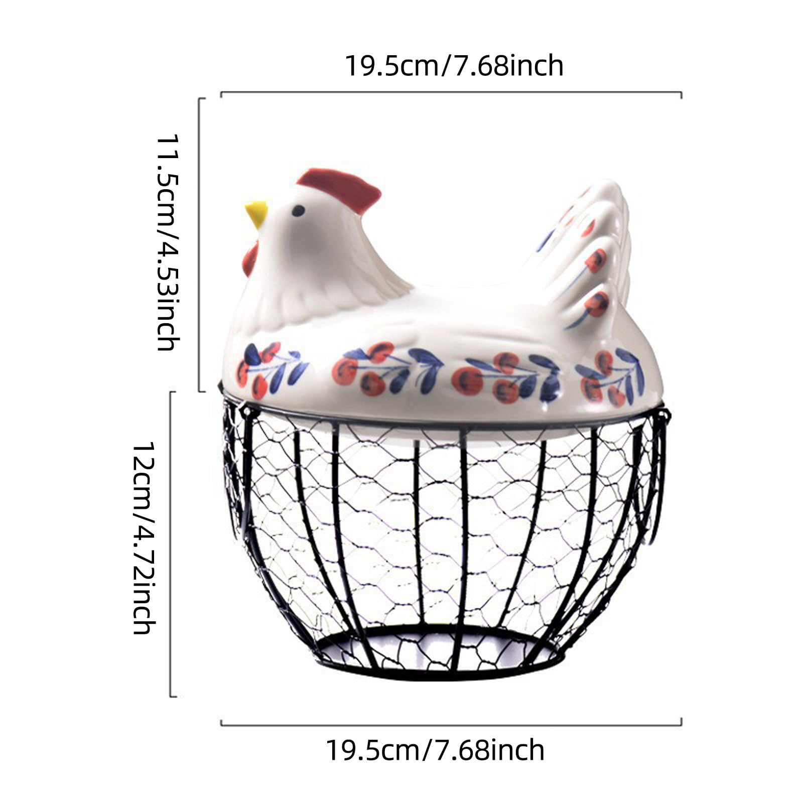 Farmhouse Egg Basket with Ceramic Lid, Black Wire Egg Holder for Fresh Eggs, Decorative Chicken Design Egg Storage Container, Kitchen Countertop Organizer Case for Eggs
