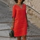 thumbnail image 1 of Women's Short Sleeve Cotton Linen Midi Dress Ladies Solid V Neck Baggy Sundress-9, 1 of 3