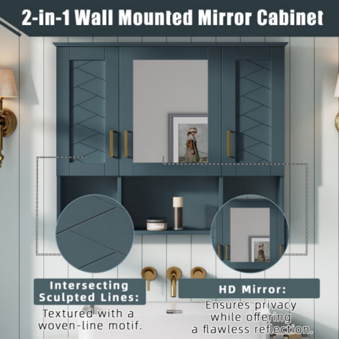 35" Wall Mounted Medicine Cabinet with Mirror, Bathroom Storage Cabinet with Adjustable Shelves, Soft Close Doors, Modern Mirror Cabinet for Vanity, Blue